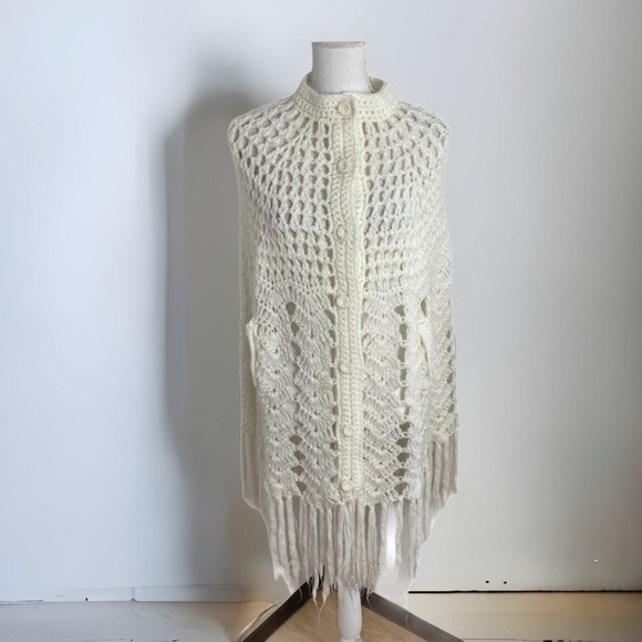 Vintage Hand Crochet Shawl Poncho Sweater Women’s One Size Boho